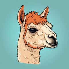 Side View of Lama Head in Lineart Style Isolated on Blue Background. Generative AI