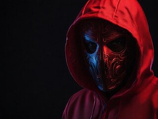 Computer hacker in hoodie , Data thief, internet fraud, darknet and cyber security concept ,hacker in a red hoodie ,anonymous computer hacker - obrazy, fototapety, plakaty