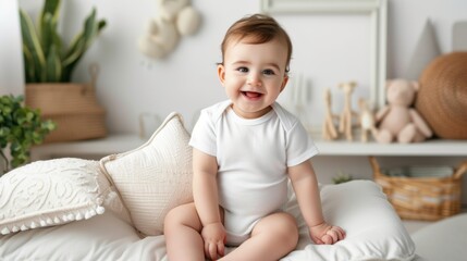 Fototapeta premium Cute little Caucasian infant sitting on bed