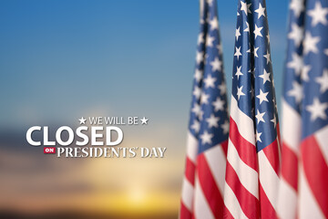Presidents Day Background Design. American flags on a background of orange sky at sunset with a...