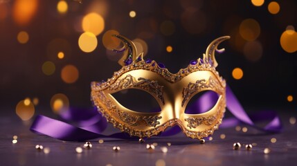 Festive Venetian mask with golden decoration against a blurred light background.
