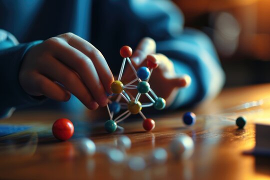 Student assembling atom model at desk.
