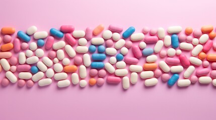 Neatly arranged multicolored pills and capsules on a pink background, symbolizing medication order and organization.