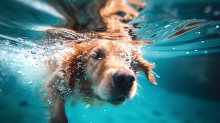 swimming dog's reflection on the underside of the water surface