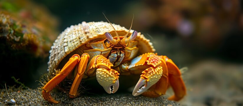A hermit crab, with its distinctive shell and pincers, is an ideal image for educational and advertising materials featuring nature exploration and marine science.
