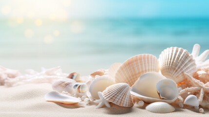 Fototapeta na wymiar Assorted seashells and starfish on sandy beach shore with a soft focus on sunlit sea in the background, embodying summer and tranquility.
