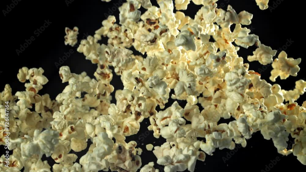 Sticker Popcorn flies up and falls down. On a black background. Filmed on a high-speed camera at 1000 fps. High quality FullHD footage