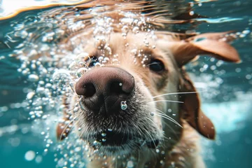 Fotobehang dog's close-up underwater as it tries to catch a stream of bubbles © mariyana_117