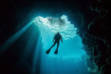 snorkeler's silhouette against the backdrop of a vast underwater cave entrance. Snorkeler in focus, mysterious and adventurous exploration, serene and mystical lighting.