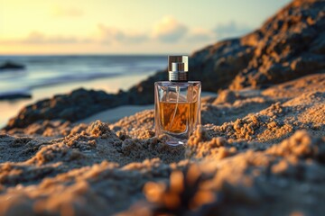 Luxury perfume bottle on sandy beach. - obrazy, fototapety, plakaty