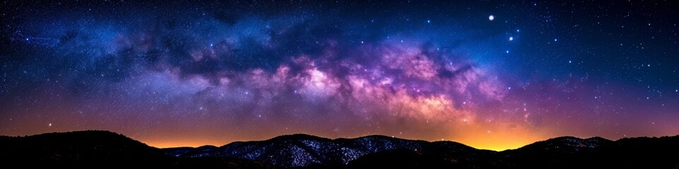 Cosmic Vibrance over Mountain Range with Starry Night Sky
