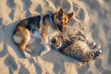 dog and cat lying together on the sand, showcasing an unlikely friendship. Aerial view of the dog and cat - obrazy, fototapety, plakaty