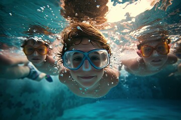 Fototapeta premium Focus on the line-up, fun and playful interaction, dynamic and cheerful underwater lighting.