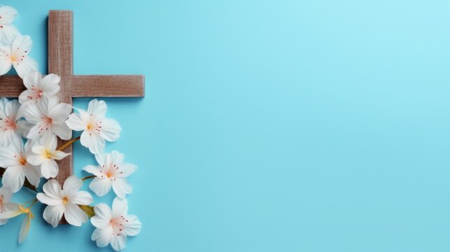 A Wooden Cross Surrounded By Delicate White Blossoms Against A Serene Blue Background, Symbolizing Easter.