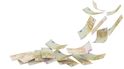 euro 50 banknotes money falling isolated in trasparent background - 3d rendering