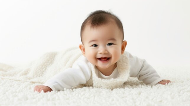 Smiling cute asian baby boy full body lying down on the fluffy rug 