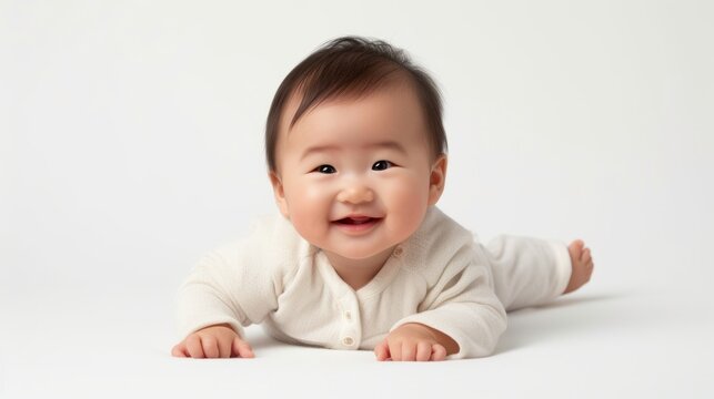 Smiling cute asian baby boy full body lying down on the floor.