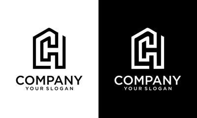 Creative House real estate minimalist logo concept. letter HC home monogram. line art logotype stock illustration.