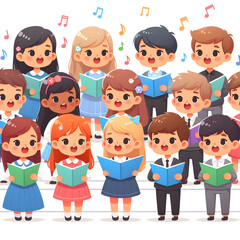 Cute children singing song together. Little kids singers in choir. Diverse vocal talented girls and boys group chorus from music school. Flat vector illustrations isolated on white background