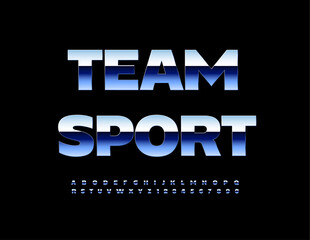 Obraz premium Vector quality emblem Team Sport. Trendy Metallic Font. Stainless Steel Alphabet Letters and Numbers set.