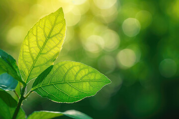 Fototapeta na wymiar A macro shot of a sun-kissed green leaf against a blurred, vibrant green background