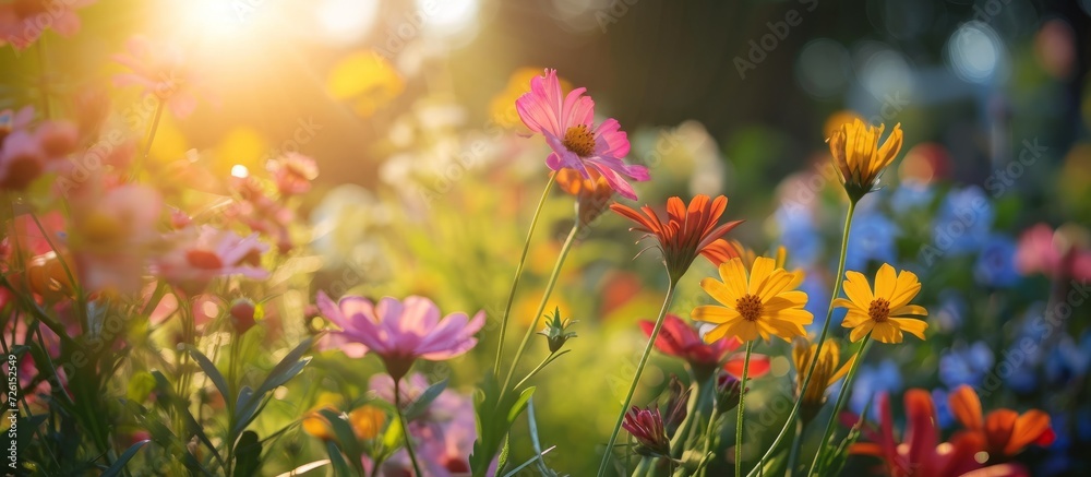 Poster Blooming flowers in garden on sunny day