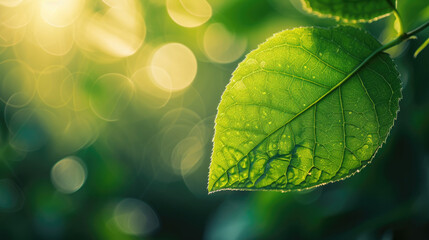 A close-up of a lush green leaf bathed in sunlight, set against a blurred background