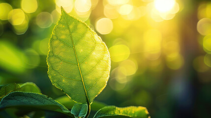 A close-up of a lush green leaf bathed in sunlight, set against a blurred background