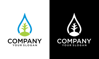 Creative fresh plant logo with water drops in modern shape in simple design style