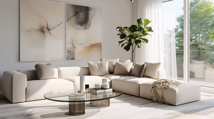 Modern Living Room with Sofa, Cushions, Artwork, and Plant