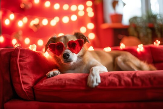 An adorable image of a dog wearing heart-shaped sunglasses while sitting on a red velvet couch in a cozy living room, surrounded by Valentine's Day decorations. 