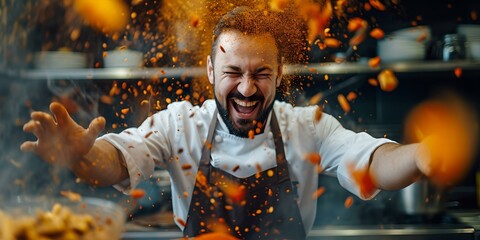 Joyful chef having fun in kitchen, tossing ingredients in the air. culinary art and passion. professional cook in action. AI