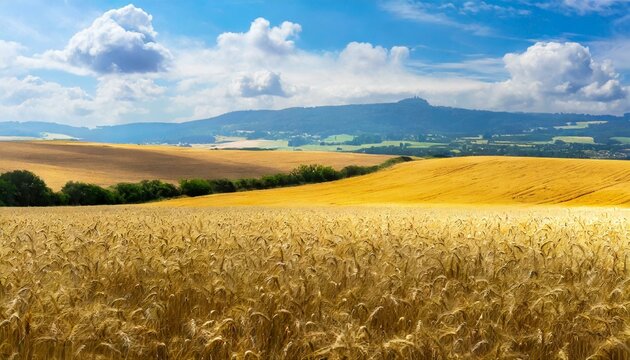 wheat field and blue sky with clouds, green field and blue sky, wheat field, vast agriculture landscape with golden wheat fields, farming, Ai Generate 