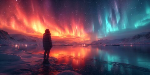 Lone traveler gazes at spectacular northern lights over frozen lake. a moment of wonder in nature's nighttime display. AI