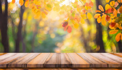 Naklejka na ściany i meble Autumn image and wooden table material.