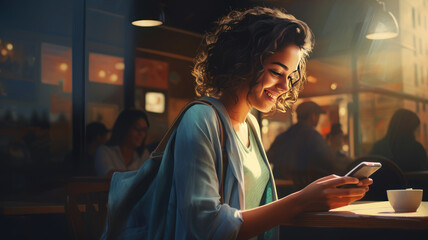 Smiling woman using mobile phone sitting in coffee bar