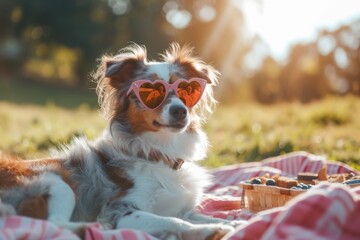 A charming photo of a dog wearing heart-shaped sunglasses while enjoying a romantic picnic date with their owner in a scenic park. 