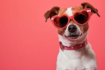 A comical shot of a dog wearing oversized heart-shaped sunglasses and posing as if they're the star of a Valentine's Day  - obrazy, fototapety, plakaty
