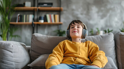 Fototapeta premium a man wearing headset listen to music enjoying , relaxed posture, sitting at a sofa