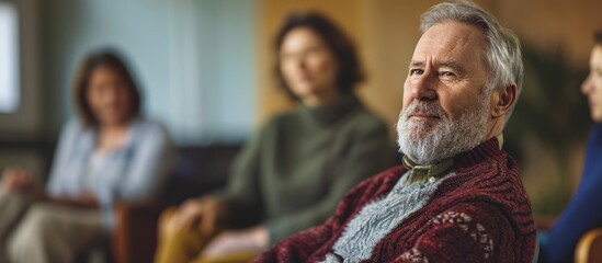 Obraz premium Middle-aged war veteran participating in therapy group at mental health facility.