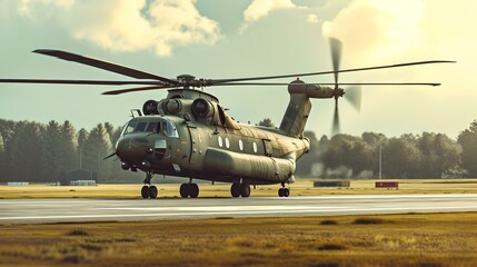 Military helicopter landing on airstrip at sunset, showcasing aviation in a scenic setting. a perfect blend of technology and nature. AI - obrazy, fototapety, plakaty