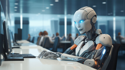 artificial intelligence robot doing office work - obrazy, fototapety, plakaty