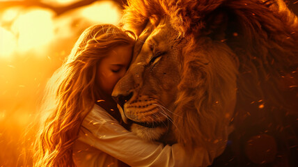Gentle Alliance: Photorealistic Cinematic Portrait of a Girl Embracing a Majestic Lion in Soft, Warm Golden Hues. Generative AI