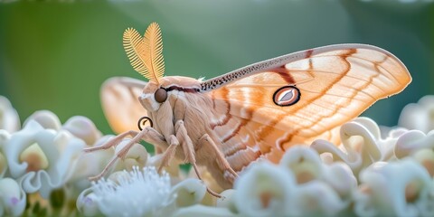 Elegant moth resting on blooming flowers, serene nature scene, perfect for wallpaper and backgrounds. AI