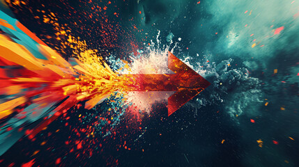 Dynamic Arrow Sign in an Explosive Simulation, Evoking Intensity and Motion in a Captivating Digital Illustration.