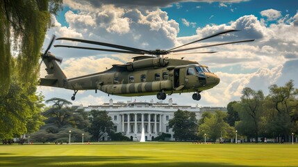 Military helicopter landing near white house on a sunny day, governmental authority transport in action. AI