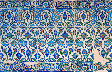 Ornate blue Iznik tiles with floral Islamic patterns, traditional Ottoman style in Istanbul, Turkey
