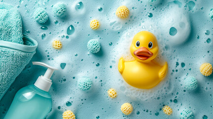 everything floats in soap foam flat lay Rubber Duckie, Soap Foam Fun, Kid-Friendly Shampoo Bottles, Soft Hooded Towel in the left side top view, minimalistic, highly detailed