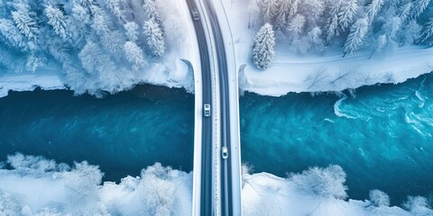 A Top View of a Snow-Covered Road with Cars, Meandering Over a River, Painting a Tranquil Winter Scene from Above. - obrazy, fototapety, plakaty