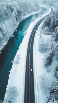 A Top View of a Snow-Covered Road with Cars, Meandering Over a River, Painting a Tranquil Winter Scene from Above.